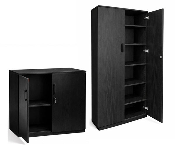 Onyx two door cupboard-locking- 900 & 1800 high- Woodgrain Black Melamine finish